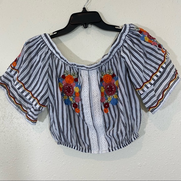 Off the Shoulder Top Embroidered Striped CROP TOP Elastic Waistline - Picture 3 of 12
